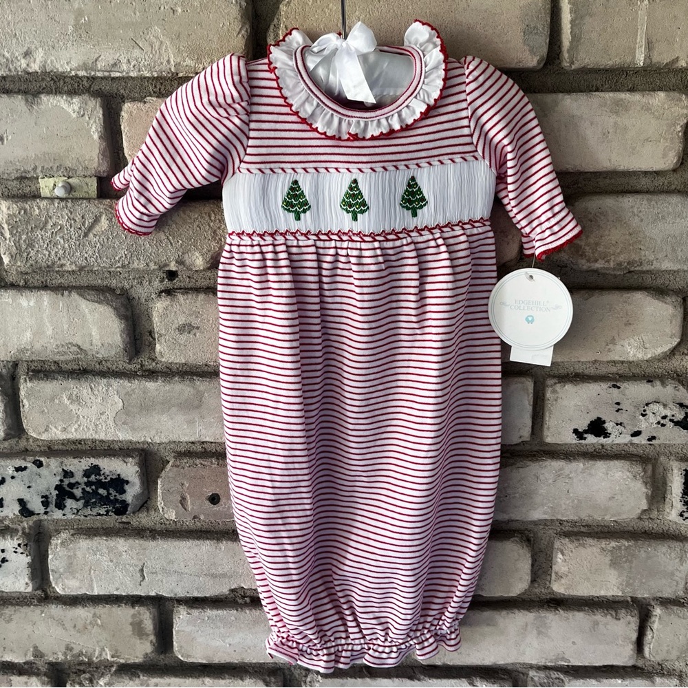 Smocked Christmas tree Striped Red and White infant sleep gown. NWT